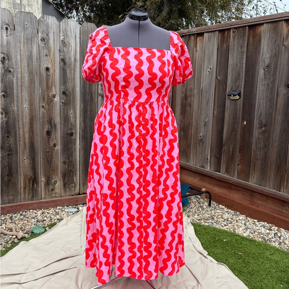 Linen Princess Dress Pink Squiggle